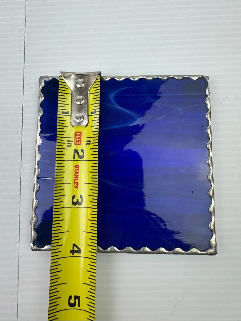 VTG Lot Of 4 Stained Glass Blue Marble Looking Coasters Metallic Boarder 4”Decor
